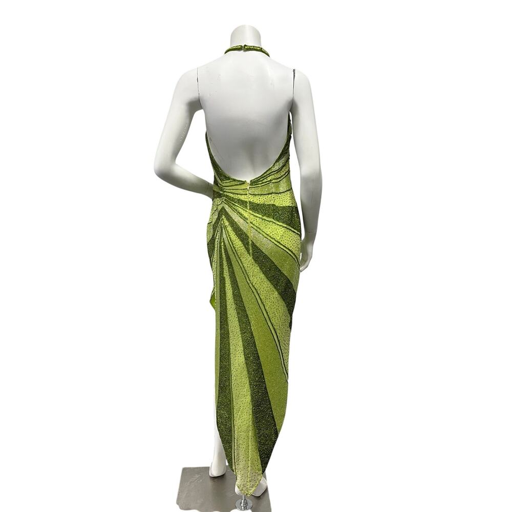 Vintage Caché Silk Beaded Halter Evening Gown Lime Green Y2K Formal Dress Large - Picture 2 of 10